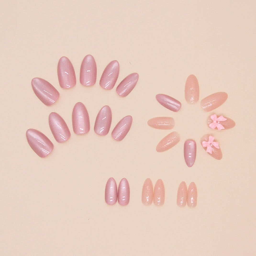 Almond Press on Nails - Medium French Tips Pink Glossy Full Cover Nails for Women - 30 Pcs/Set (Pink Bow Nails)
