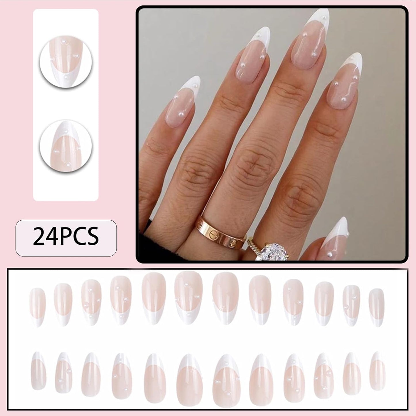 Almond Press on Nails,White French Tip Almond Nails Medium Fake/False Nail with Pearl Nail Press Ons Designs Acrylic Artificial Stick on Nail for Women 24Pcs