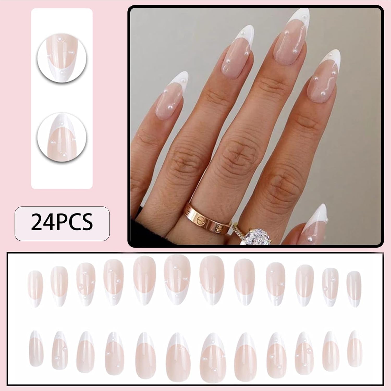 Almond Press on Nails,White French Tip Almond Nails Medium Fake/False Nail with Pearl Nail Press Ons Designs Acrylic Artificial Stick on Nail for Women 24Pcs