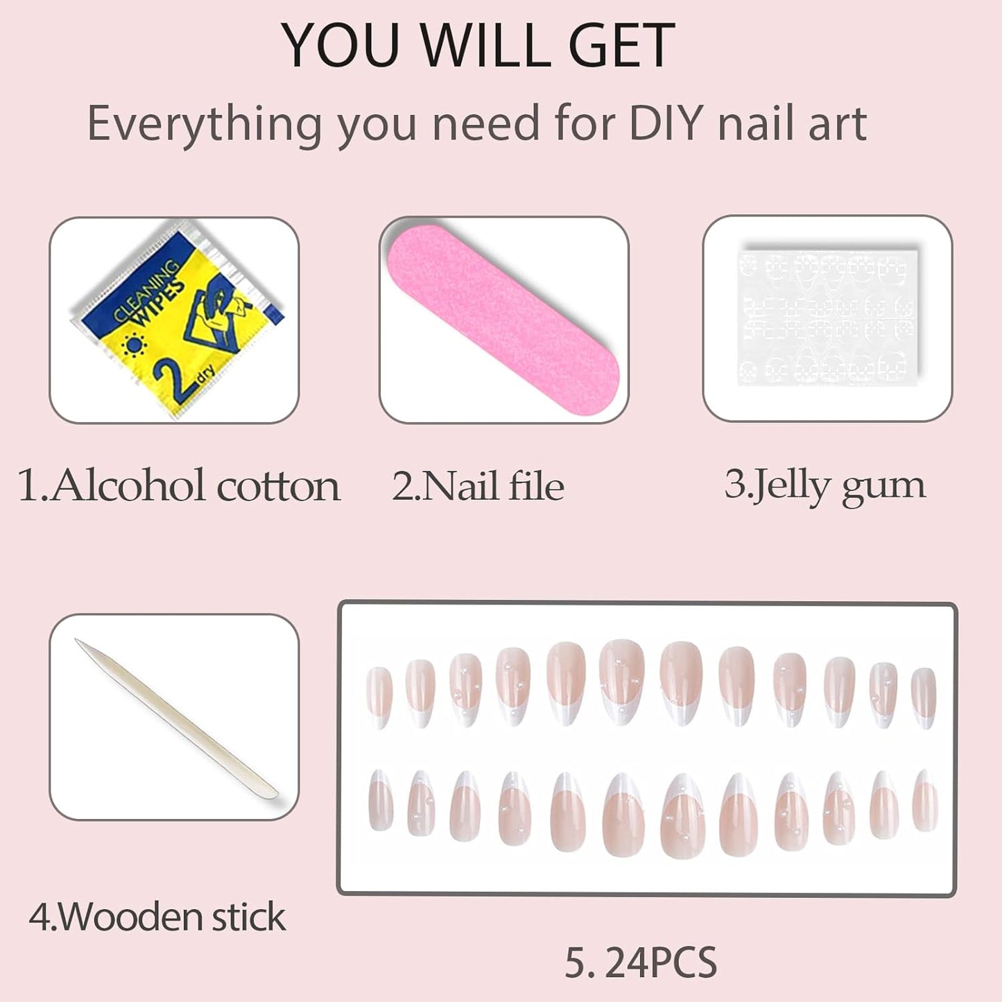 Almond Press on Nails,White French Tip Almond Nails Medium Fake/False Nail with Pearl Nail Press Ons Designs Acrylic Artificial Stick on Nail for Women 24Pcs