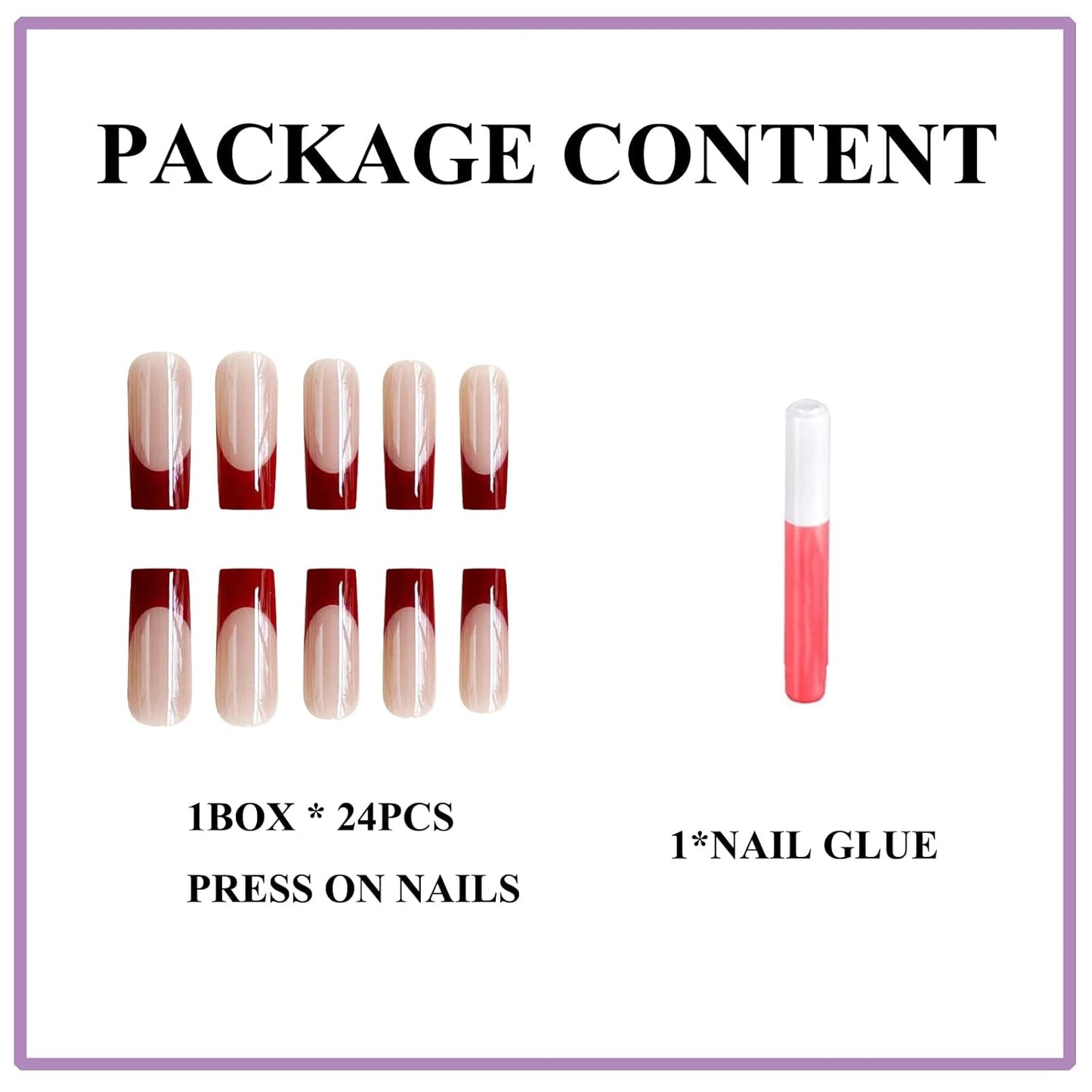 Long Square Press on Nails Red French Tip Fake Nails Squoval Glue Ons Artificial Acrylic Nail 24Pcs Glossy with Goth Design