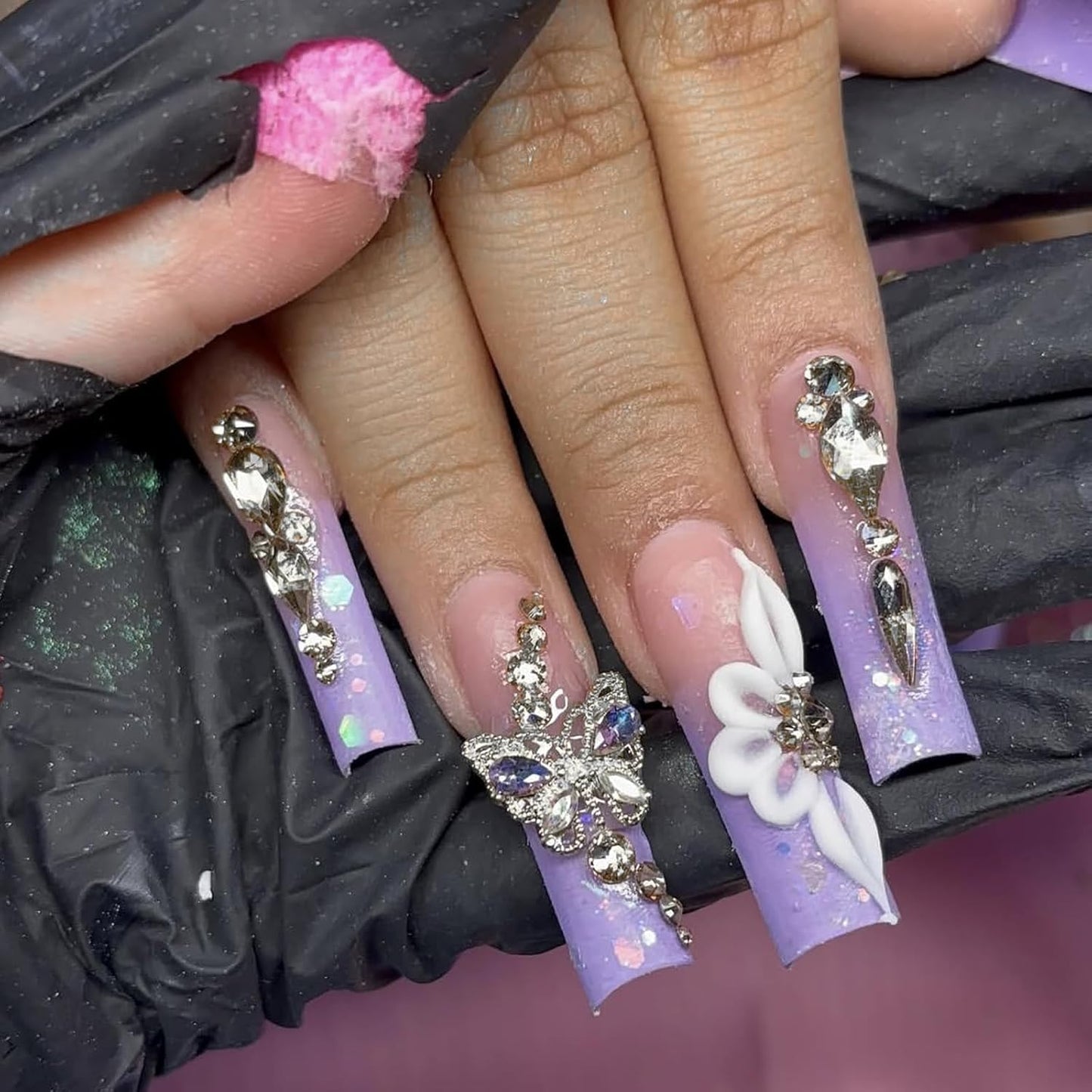 Press on Nails Long Square Fake Nails Purple Gradient Glossy False Nails Full Cover Glue on Nails with Butterfly Rhinestone Designs Artificial Summer Acrylic Squoval Nail Kit