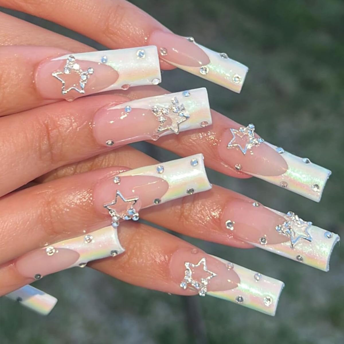 Square Press on Nails Long,French Tips Fake Nails with Rhinestones 3D Star Shiny Charms Designs Coffin False Nails White Nails Tips Artificial Nails Supplies Full Cover Glue on Nails for Women 24Pcs