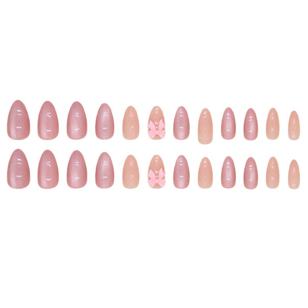 Almond Press on Nails - Medium French Tips Pink Glossy Full Cover Nails for Women - 30 Pcs/Set (Pink Bow Nails)
