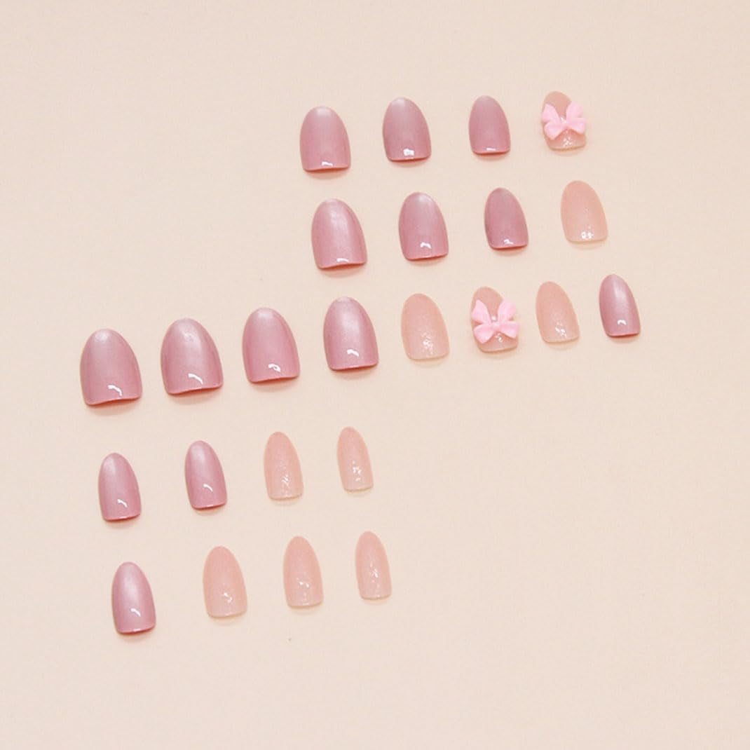 Almond Press on Nails - Medium French Tips Pink Glossy Full Cover Nails for Women - 30 Pcs/Set (Pink Bow Nails)