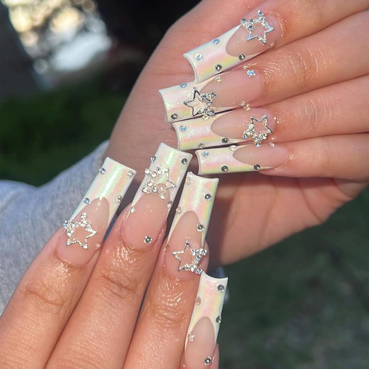 Square Press on Nails Long,French Tips Fake Nails with Rhinestones 3D Star Shiny Charms Designs Coffin False Nails White Nails Tips Artificial Nails Supplies Full Cover Glue on Nails for Women 24Pcs