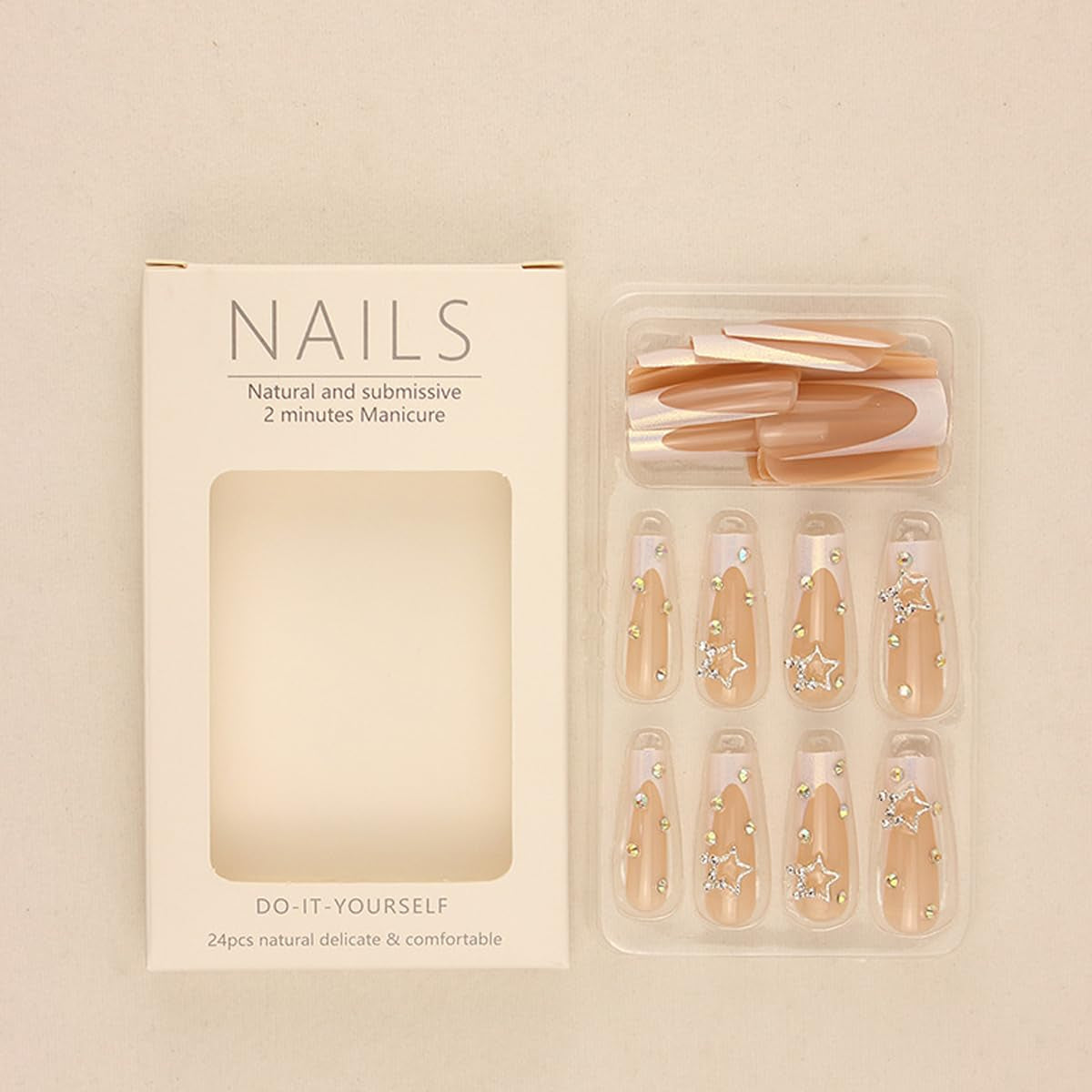 Square Press on Nails Long,French Tips Fake Nails with Rhinestones 3D Star Shiny Charms Designs Coffin False Nails White Nails Tips Artificial Nails Supplies Full Cover Glue on Nails for Women 24Pcs