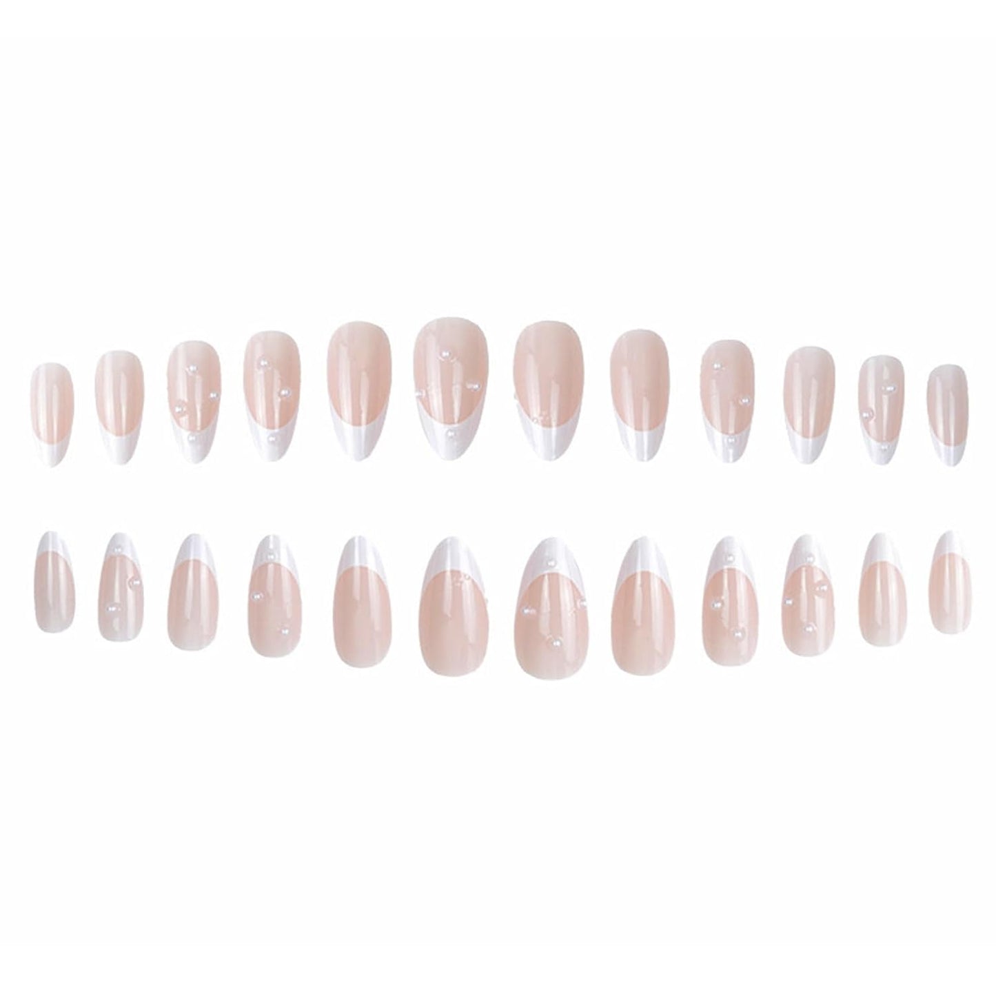 Almond Press on Nails,White French Tip Almond Nails Medium Fake/False Nail with Pearl Nail Press Ons Designs Acrylic Artificial Stick on Nail for Women 24Pcs