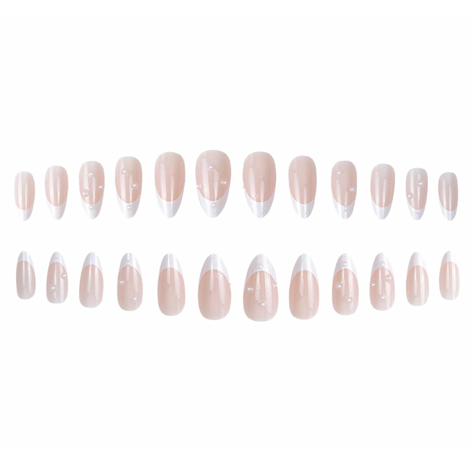 Almond Press on Nails,White French Tip Almond Nails Medium Fake/False Nail with Pearl Nail Press Ons Designs Acrylic Artificial Stick on Nail for Women 24Pcs